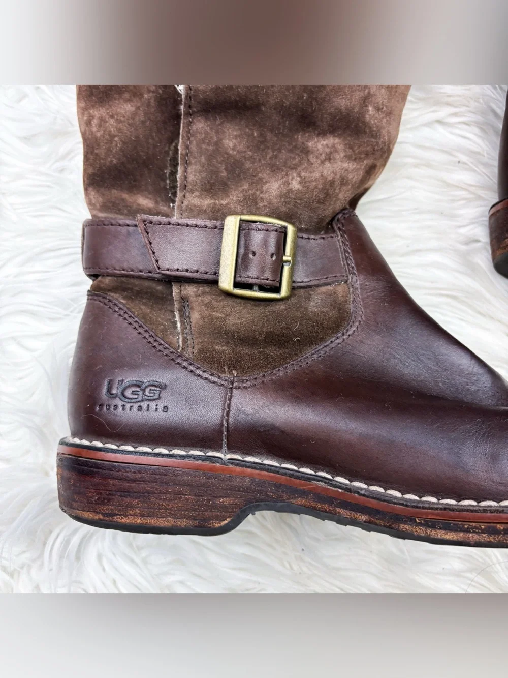 UGG Dunwich Shearling Sherpa Lined Suede Leather Tall Riding Boots Winter Brown